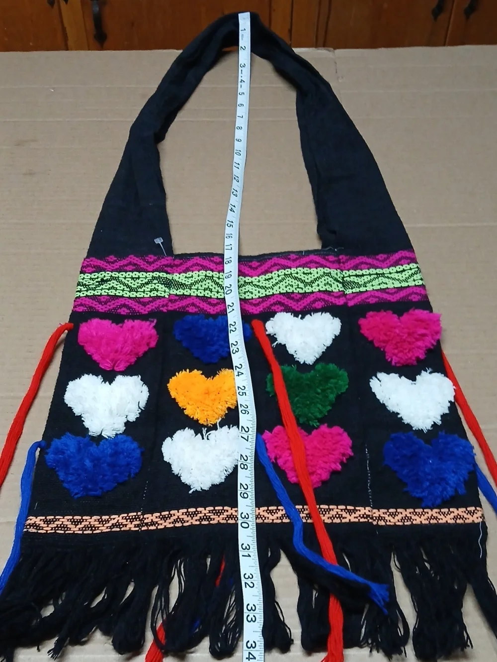 Boho Woven Fabric Hobo Shoulder Bag Black Fringe w/ Multicolor Fuzzy Hearts